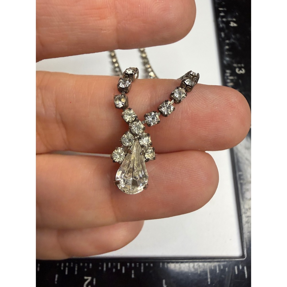 Vintage Rhinestone Tennis Necklace Teardrop Pendant Silver Tone Bridal Formal